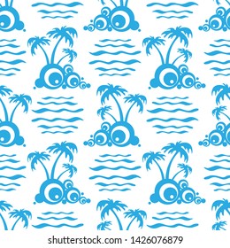 Seamless pattern tropical island and palm tree. Summer vector illustration. Design element for fabric, wallpaper or wrapping paper.