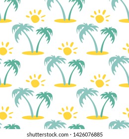 Seamless pattern tropical island and palm tree. Summer vector illustration. Design element for fabric, wallpaper or wrapping paper.