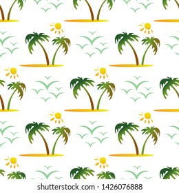 Seamless pattern tropical island and palm tree. Summer vector illustration. Design element for fabric, wallpaper or wrapping paper.