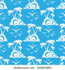 Seamless pattern tropical island and palm tree. Summer vector illustration. Design element for fabric, wallpaper or wrapping paper.