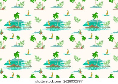 Seamless pattern with tropical islands, green palm trees, ocean waves and sailboats. Bright flat illustration with nature elements on light background, summer vibe