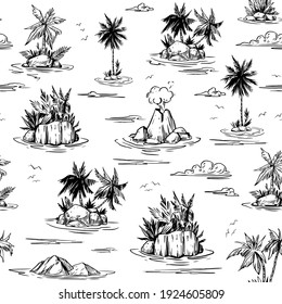 Seamless pattern with tropical islands, sea, palms, Hawaii. Hand drawn black outline isolated . Vector illustration