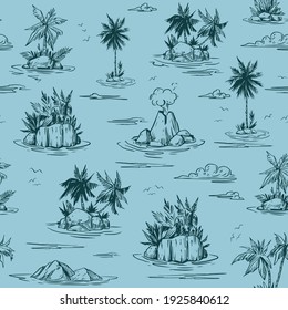 Seamless pattern with tropical islands, sea, palms, Hawaii. Hand drawn black outline isolated . Vector illustration