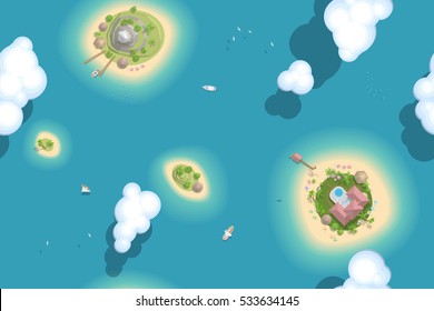 Seamless pattern. Tropical islands. Top view.
Time travel. Sea, islands, sun, beaches, yachts. View from above.