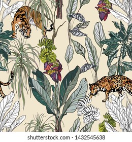 Seamless Pattern Tropical Jungle Exotic Animals in Tropics Plants and Palms Prints Hand Drawn Illustration Tiger and Leopard in Rainforest Isolated Elements Banana Flower