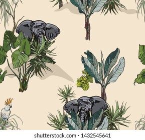 Seamless Pattern Tropical Jungle Exotic Animals in Tropics Plants and Palms with Banana Flower Prints Hand Drawn Ink Illustration with Elephants on Island in Safari Desert 