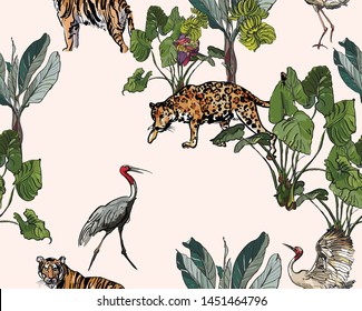 Seamless Pattern Tropical Jungle Exotic Animals Leopard, Tiger and Wild Heron Birds in Tropics Plants Prints Hand Drawn Illustration Rainforest Isolated Elements Banana Flower Floral Greenery