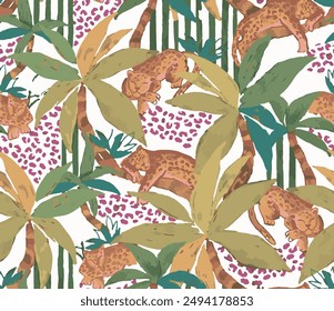 Seamless Pattern Tropical Jungle Exotic Animals in Tropics Plants and Palms Prints. Hand Drawn Illustration. Tiger and Leopard in Rainforest Isolated on white background.