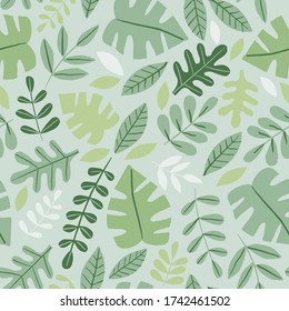 Seamless pattern with tropical jungle leaves. Beautiful summer print with hand drawn exotic plants. Swimwear, fashion, botanical design. Vector illustration.