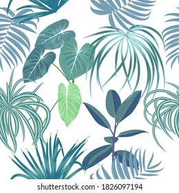 Patrón sin foco de hojas y flores de la selva tropical, fondo vectorial