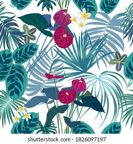 Seamless pattern of tropical jungle palm leaves and flowers, vector background