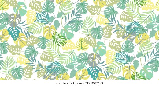Seamless pattern of tropical jungle palm leaves. Colorful leaf palm and monstera dense jungle. Botanical design for textile, wallpaper, website, print, cover,  wrapping paper. Vector illustration