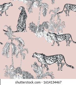 Seamless Pattern Tropical Jungle Wildlife Hand Drawn Outline Lithograph Graphic, Cheetah In Safari Black And White On Pink Background, Animal Textile Design In Palm Trees