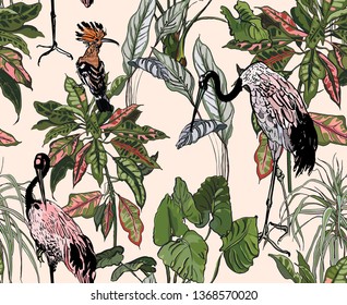 Seamless Pattern Tropical Jungles Exotic Birds Wildlife Chinese Cranes and Hoopoe in Multiple Tropical Plants Leaves