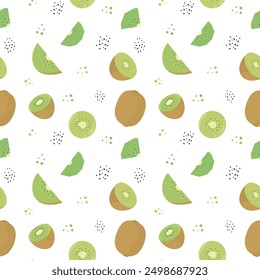 Seamless pattern with tropical kiwi fruits. Vector background with green whole kiwi fruit, slice and seeds. Cute design for fabric, paper, wallpaper, decor.