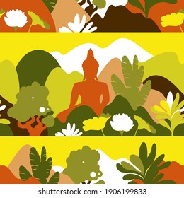 Seamless pattern with tropical landscape with Buddha. Vector illustration. 