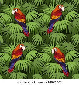 Seamless Pattern, Tropical Landscape, Colorful Parrots on Green Leaves Exotic Plants, Tile Background. Vector