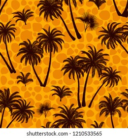 Seamless Pattern, Tropical Landscape, Palms Trees and Exotic Plants Black Silhouettes on Abstract Tile Background. Vector