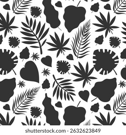Seamless pattern of tropical leaf black silhouettes. Dense botanical design on a white background for summer themes. Different types of foliage design perfect for summery or nature-inspired themes.
