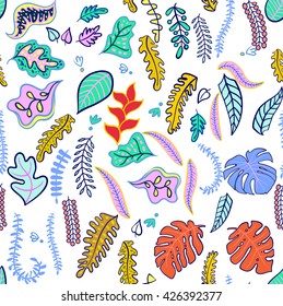 Seamless pattern of tropical leaf fashionable colors. Neon bright color romantic forest flora. Nature Jungle, Hawaii. Texture for textiles, skins smartphones,web page, textile