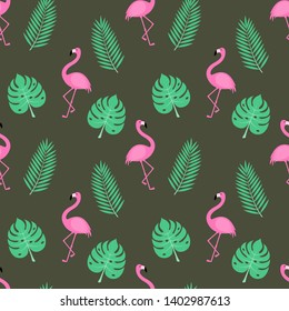 Seamless pattern with tropical leaf and flamingo on green background. Vector illustration