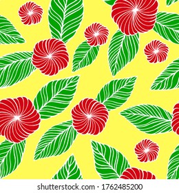 Seamless pattern tropical leaf and flower background. Hand drawn vector illustration.  Perfect for greetings, invitations, manufacture wrapping paper, textile, web design.