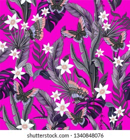 Seamless pattern with tropical leaf, flowers and butterfly for f