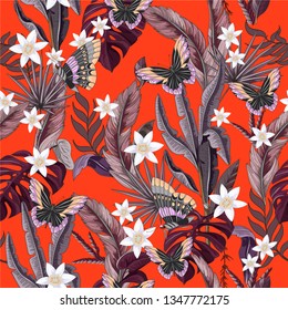 Seamless pattern with tropical leaf, flowers and butterfly for fabric design. Vector