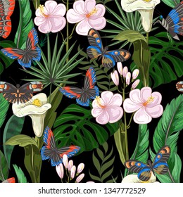 Seamless pattern with tropical leaf, flowers and butterfly for f