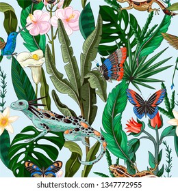 Seamless pattern with tropical leaf, flowers and butterfly for fabric design. Vector
