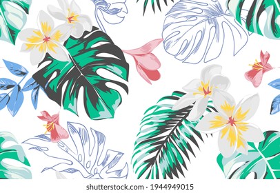 seamless pattern of tropical leaf and flowers on white background