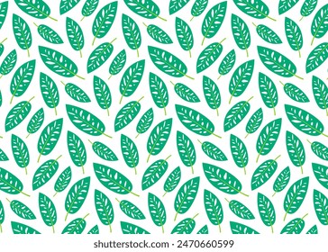 Seamless pattern of tropical leaf. Green leaves on white background in flat style. Foliage texture for wrapping paper, print, fabric, web, wallpaper. Vector illustration
