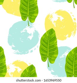 Seamless pattern with tropical leaf and hand drawn style rounds. Vector illustration.