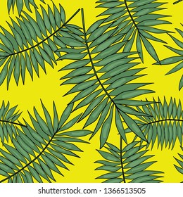 Seamless pattern with tropical leaf or palm leaf on yellow background. Wallpaper and textile design. Good for printing. Wrapping paper idea.