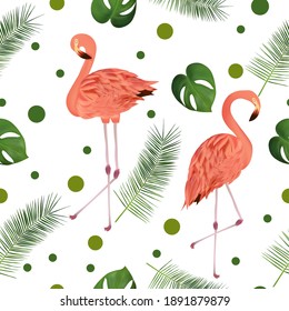 Seamless pattern with tropical leaf and pink flamingo for your design, wallpapers, textile. Beautiful pink bird and palm leaves, monstera on white background. Vector illustration.