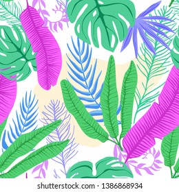 Seamless pattern with tropical leafs on white background. Banana leaf, Monstera deliciosa, coconut palm leaf in pink, green, blue and violet colors