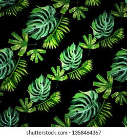 Seamless pattern with tropical leaves.
