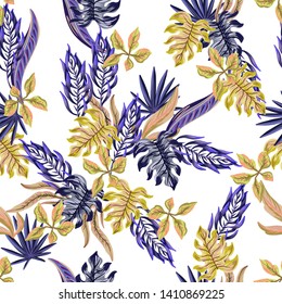 Seamless pattern with tropical leaves .