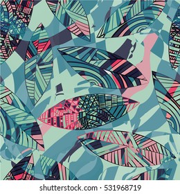 Seamless pattern with tropical leaves.