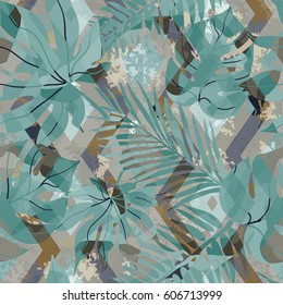 Seamless pattern with tropical leaves.