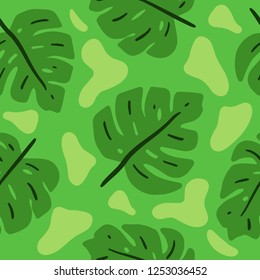 Seamless pattern with tropical leaves and abstract elements in trendy colors. Abstract brush stroke on green background. Template for print, spring, poster, party, summer background, fabric. Vector.