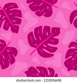Seamless pattern with tropical leaves and abstract elements in trendy colors. Abstract brush stroke on pink background. Template for print, spring, poster, party, summer background, fabric. Vector.