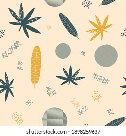Seamless pattern with tropical leaves and abstract shapes. Botanical fashion design in trendy earthy colors. Vector repeating design for fabric wallpaper or wrapping paper.
