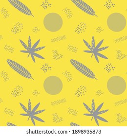 Seamless pattern with tropical leaves and abstract shapes. Botanical fashion design in Pantone colors 2021. Vector repeating design for fabric, wallpaper or wrapping paper