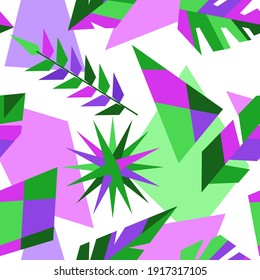 Seamless pattern with tropical leaves. Abstract plants in geometric style.
