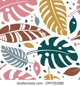 Seamless pattern with Tropical leaves. Abstract composition with tropical palm leaves. Minimal poster with nature shapes. Vector Modern flat. For wallpaper, scrapbooking, cover design, prints.