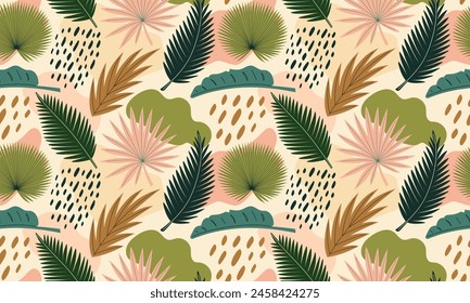 Nahtloses Muster mit tropischen Blättern. Abstrakter exotischer Blatthintergrund. Moderne exotische Dschungelpflanzen. Monstera, Bananenstaude, Palmblätter. flache Vektorillustration 