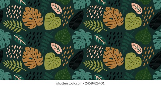 Seamless pattern with Tropical leaves. Abstract exotic foliage background. Modern exotic jungle plants, Monstera, banana tree. Flat Vector illustration 