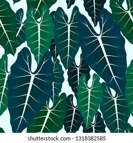 Seamless pattern with tropical leaves, alocasia leaf seamless vector pattern bright background. Swimwear botanical design. Vector.
