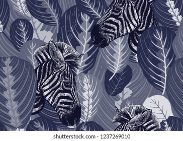 Seamless pattern with tropical leaves and animals zebras. Vector illustration. Exotic motifs of nature wildlife. Black and white template for the design of fabrics, textile, paper, wallpaper.